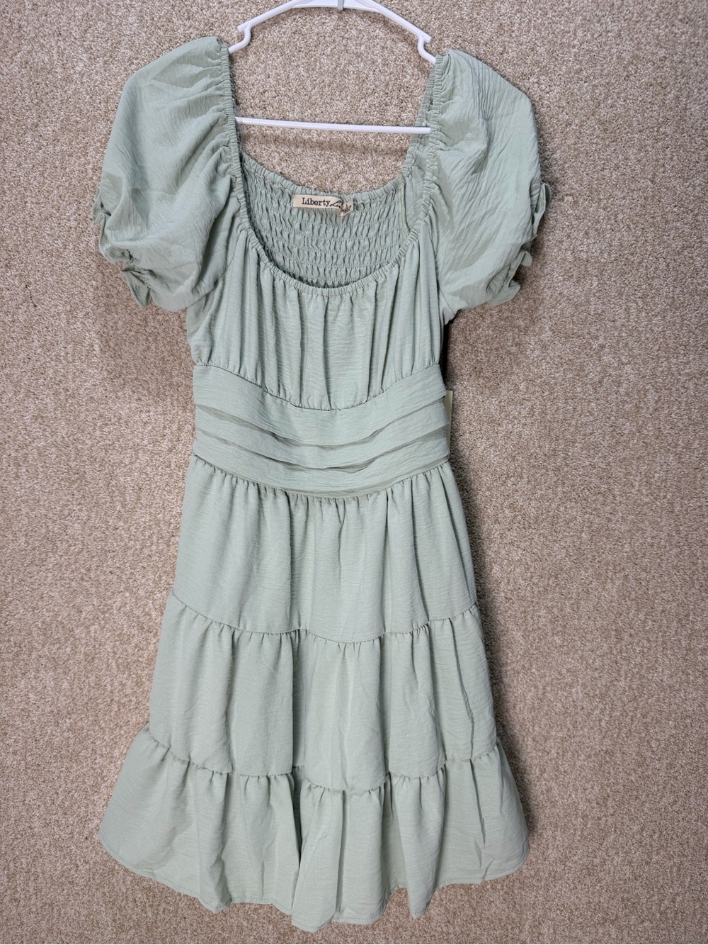 NWT Sage Green Tiered Puff Sleeve Smocked Mini Dress milk maid garden party med